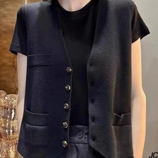【JC Collection】法式復古時尚單排扣保暖百搭舒適針織外套背心(黑、咖啡)