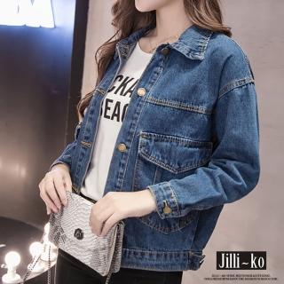 【JILLI-KO】韓版個性BF寬鬆口袋開扣牛仔外套-F(藍)