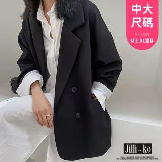 【JILLI-KO】韓版寬鬆中長款雙排扣翻領西裝外套中大尺碼-F(黑/咖)
