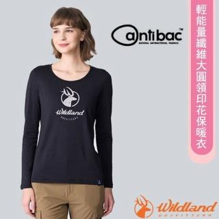 【Wildland 荒野】女 輕能量纖維大圓領印花長袖保暖衣(0B12663-54 黑)
