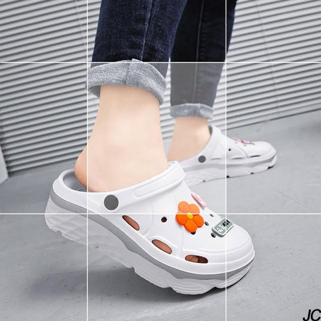 【JC Collection】軟底防滑洞洞透氣素面+可愛小裝飾踩屎鞋雨拖鞋(白)