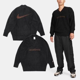 【NIKE 耐吉】長袖 NSW Tech Pack 黑 棕 男款 V領 毛衣 寬鬆 大LOGO 針織(FB7810-010)