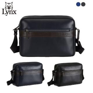 【Lynx】美國山貓頂級進口nappa軟皮商務橫式側背包 中款(藍/黑)