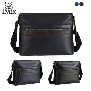 【Lynx】美國山貓頂級進口nappa軟皮商務橫式側背包 大款(藍/黑)