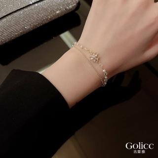 【Golicc】雙層 鈦鋼 珍珠 鋯石 花朵 手鍊(首飾 飾品 手鍊 手環 韓國 禮物 FUN4購物節)