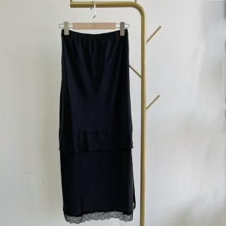 【MANI 瑪尼】韓版 裙襬蕾絲光滑面時髦半身裙-黑色(裙)