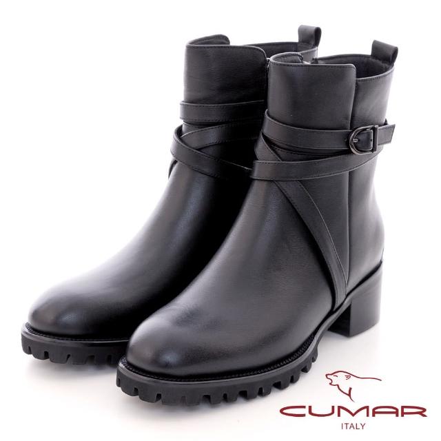 【CUMAR】皮帶拼接平底短靴(黑色)