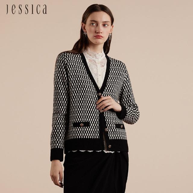 【JESSICA】百搭幾何圖案V領紐扣針織外套J30579（黑）