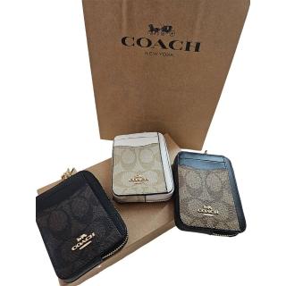 【COACH】COACH 馬車logo緹花手掛式票卡 零錢包 禮盒禮袋組 三色可選 淺咖拼白.卡其拼黑.深咖啡拼黑母親節