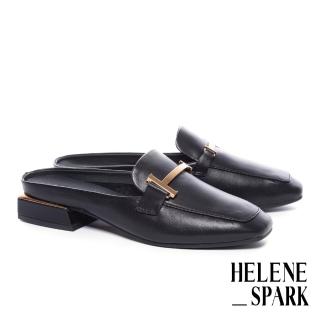 【HELENE_SPARK】復古古銅金釦全真皮低跟穆勒拖鞋(黑)