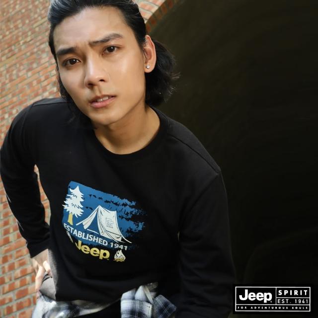 【JEEP】男裝 露營印花率性長袖T恤-(黑色)