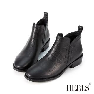 【HERLS】短靴-荔枝紋牛皮側V鬆緊橢圓頭粗跟踝靴(黑色)