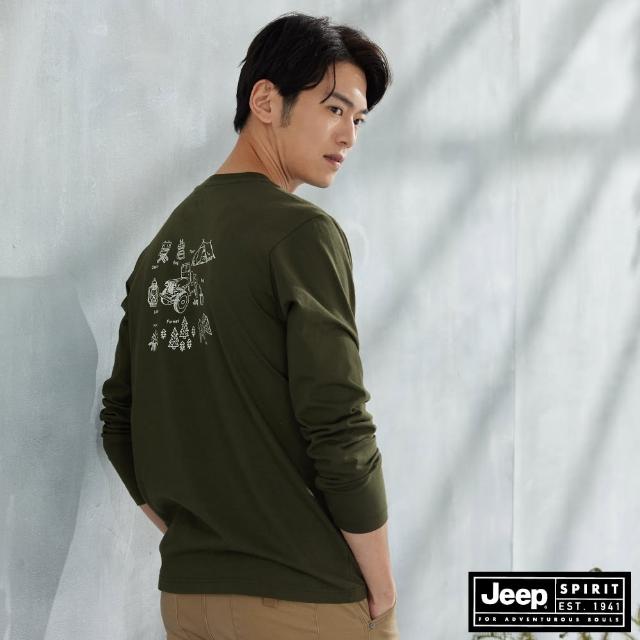 【JEEP】男裝 露營圖鑑印花長袖T恤(綠色)