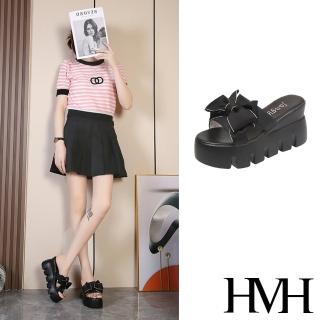 【HMH】厚底拖鞋 坡跟拖鞋 蝴蝶結拖鞋/緞面撞色滾邊蝴蝶結造型厚底坡跟拖鞋(黑)