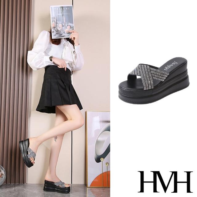 【HMH】厚底拖鞋 美鑽拖鞋/閃耀美鑽帶X造型坡跟厚底拖鞋(黑)