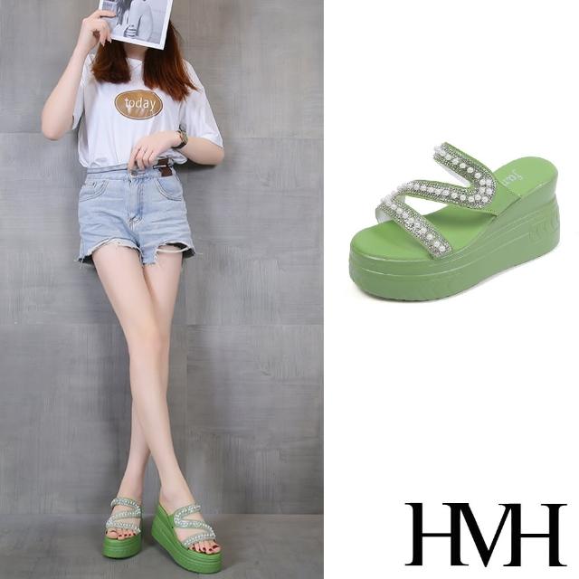 【HMH】坡跟拖鞋 厚底拖鞋 Z字拖鞋/美鑽珍珠鑲嵌Z字帶坡跟厚底拖鞋(綠)