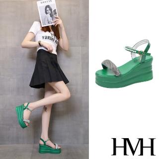 【HMH】坡跟涼鞋 厚底涼鞋 一字涼鞋/閃耀亮鑽一字造型坡跟厚底涼鞋(綠)