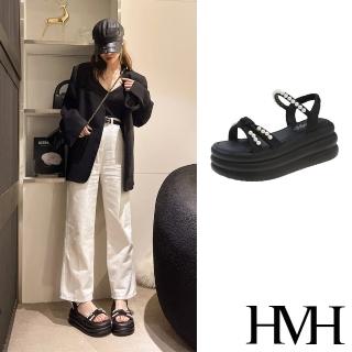 【HMH】厚底涼鞋 蝴蝶結涼鞋/甜美珍珠交叉蝴蝶結造型厚底涼鞋(黑)