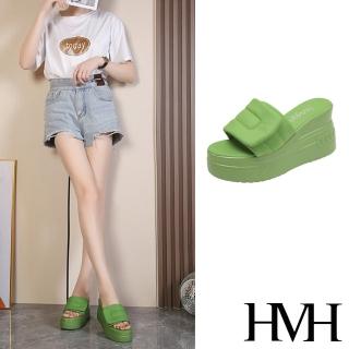 【HMH】坡跟拖鞋 厚底拖鞋 一片式拖鞋/舒適魔鬼粘一片式坡跟厚底拖鞋(綠)