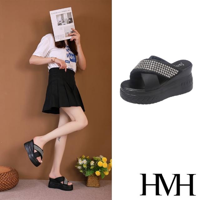 【HMH】坡跟拖鞋 厚底拖鞋 交叉拖鞋/閃耀美鑽交叉造型坡跟厚底拖鞋(黑)