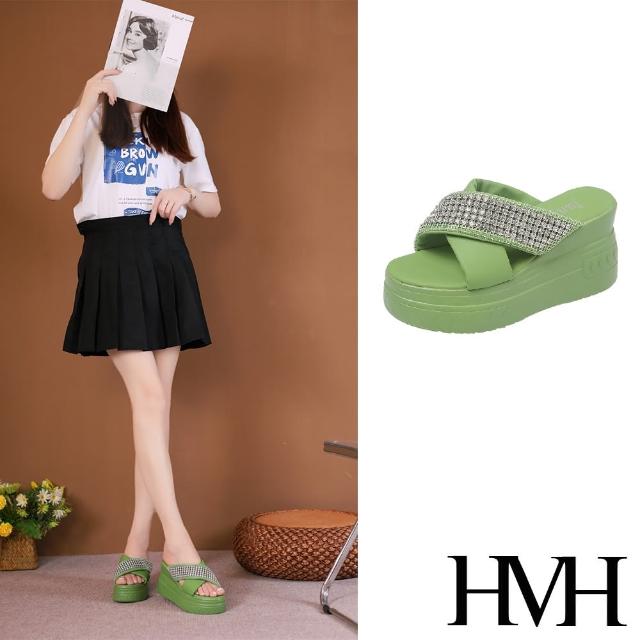 【HMH】坡跟拖鞋 厚底拖鞋 交叉拖鞋/閃耀美鑽交叉造型坡跟厚底拖鞋(綠)