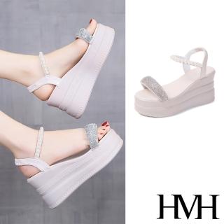 【HMH】坡跟涼鞋 厚底涼鞋 珍珠涼鞋/華麗閃耀鑽帶珍珠造型坡跟厚底涼鞋(米)