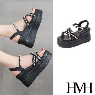【HMH】坡跟涼鞋 厚底涼鞋 珍珠涼鞋/蕾絲珍珠交叉繫帶造型坡跟厚底涼鞋(黑)