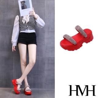【HMH】厚底拖鞋 一字拖鞋/閃耀美鑽一字帶造型厚底拖鞋(紅)