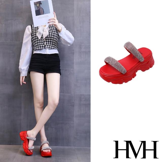 【HMH】厚底拖鞋 一字拖鞋/閃耀美鑽一字帶造型厚底拖鞋(紅)