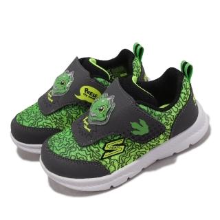 【SKECHERS】童鞋 S Lights-Comfy Flex 2.0 小童 綠 黑 魔鬼氈 燈鞋 恐龍 小朋友(401512-NCCLM)