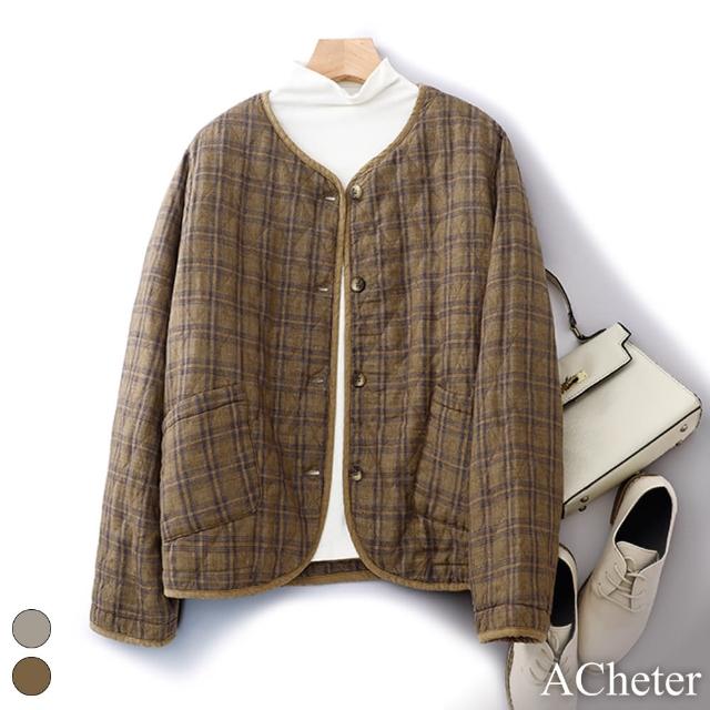 【ACheter】復古文藝國潮格子寬鬆休閒顯瘦V領棒球服夾棉短外套#119592(綠/咖)
