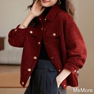 【MsMore】好運紅香風加厚外套翻領復古時髦感長袖短版外套#119842(紅)