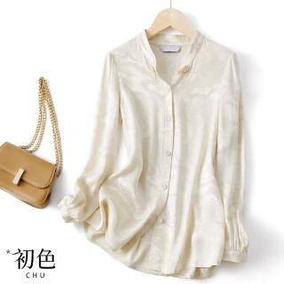 【初色】復古風提花立領中式盤釦寬鬆長袖襯衫上衣-米白色-31347(M-2XL可選)