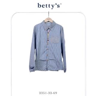 【betty’s 貝蒂思】小熊花花鈕釦直條紋拼接抽皺襯衫(藍色)