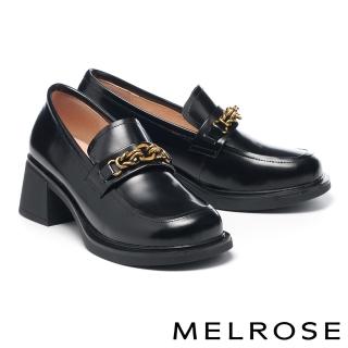 【MELROSE】美樂斯 質感美學純色鍊條開邊珠牛皮樂福高跟鞋(黑)