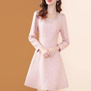 【FQ 時尚天后】優雅淺粉鑲鑽珍珠領緹花蕾絲洋裝(S-2XL)