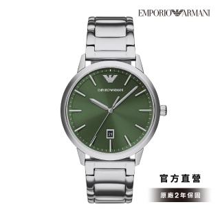 【EMPORIO ARMANI 官方直營】Ruggero 草綠氣質紳仕手錶 銀色不鏽鋼錶帶 43MM AR11575