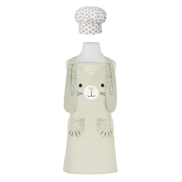 【DANICA】Jubilee廚師帽+平口雙袋兒童圍裙 小兔兔(親子圍裙 畫畫衣 烘焙圍裙)