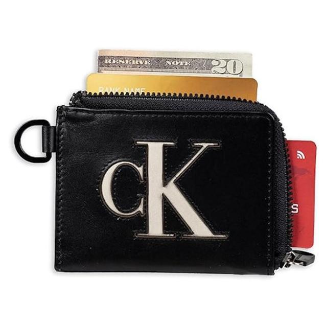 【Calvin Klein 凱文克萊】2023男時尚CK標黑色拉鍊卡夾零錢包-網