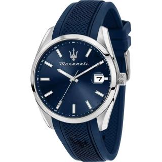 【MASERATI 瑪莎拉蒂】愛時 Attrazione 湛藍網格錶帶日期顯示矽膠腕錶 R8851151005(網格造型錶帶設計)