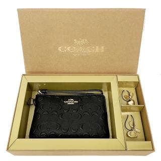 【COACH】浮雕C LOGO雙吊飾手拿零錢包禮盒(黑)