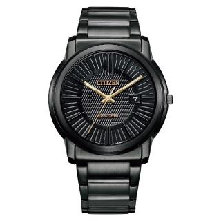 【CITIZEN 星辰】PAIR系列 黑色系 金色指針 光動能腕錶 不鏽鋼錶帶(AW1217-83E)