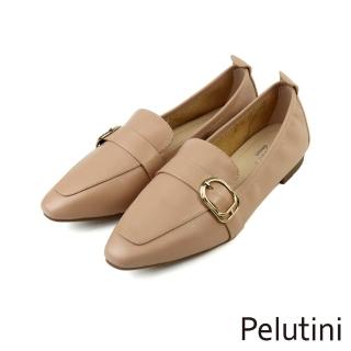 【Pelutini】真皮尖頭金屬釦飾便是樂福鞋 米色(PE21245W-BE)