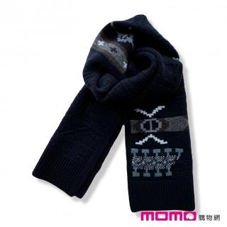 【Hermes 愛馬仕】英倫 H圖騰 羊絨羊毛 短圍巾(深藍)