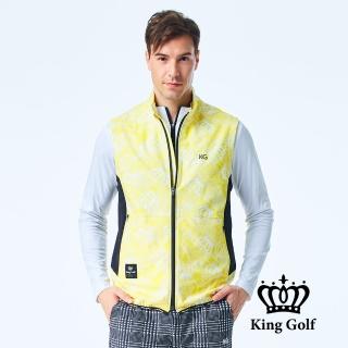 【KING GOLF】門市新品-男款薄款滿版皇冠數位印花立領拉鍊高爾夫球外套背心(黃色)