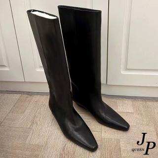 【JP Queen New York】復古尖頭純色真牛皮騎士高筒靴(黑色可選)