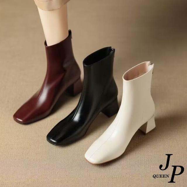 【JP Queen New York】純色方頭軟皮革秋冬粗中跟短靴(3色可選)