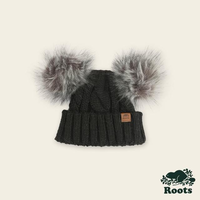 【Roots】Roots小童-率性生活系列 粗針織雙邊毛球毛帽(黑色)