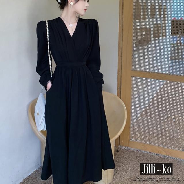 【JILLI-KO】法式復古赫本風V領收腰顯瘦連衣裙-F(黑)