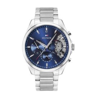 【Tommy Hilfiger】Baker系列 銀殼 藍面 三眼日期顯示腕錶 鏤空設計 銀色不鏽鋼錶帶 手錶 男錶(1710448)